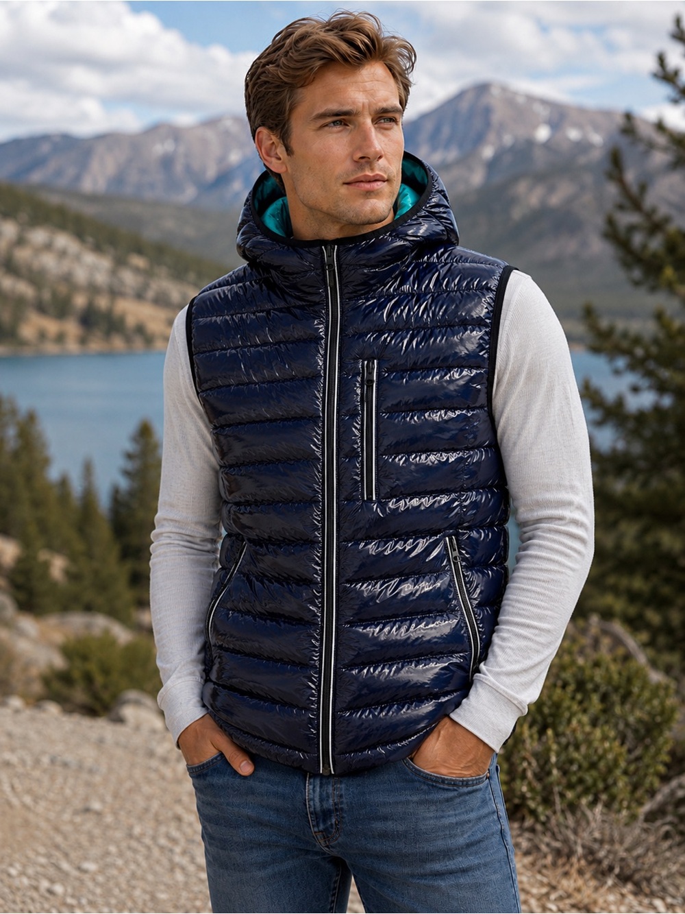 Noize New Gavyn Navy Blue Glossy Hooded Puffer Vest